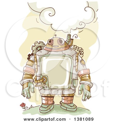 Clipart of a Sketched Steampunk Robot Thinking Outdoors - Royalty Free Vector Illustration by BNP Design Studio