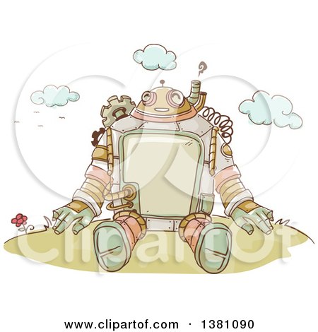 Clipart of a Sketched Steampunk Robot Sitting Outdoors - Royalty Free Vector Illustration by BNP Design Studio