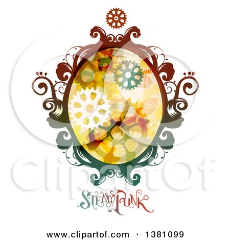 Clipart of a Colorful Oval Steampunk Frame with Gears and Text - Royalty Free Vector Illustration by BNP Design Studio