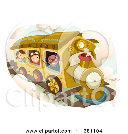 Clipart of a Group of Happy Kids Riding a Steampunk Train - Royalty Free Vector Illustration by BNP Design Studio