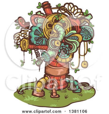 Clipart of a Steampunk Tree Made of Pipes, Springs and Gears - Royalty Free Vector Illustration by BNP Design Studio
