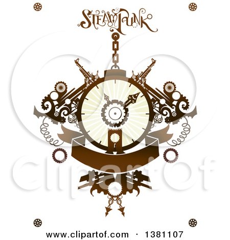 Clipart of a Steampunk Clock with Gears, Text and a Banner - Royalty Free Vector Illustration by BNP Design Studio