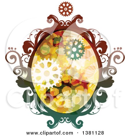 Clipart of a Colorful Oval Steampunk Frame with Gears - Royalty Free Vector Illustration by BNP Design Studio