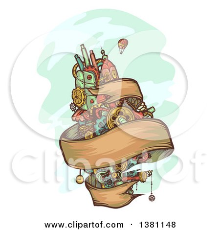 Clipart of a Floating Steampunk Island with a Ribbon Banner and Hot Air Balloon - Royalty Free Vector Illustration by BNP Design Studio