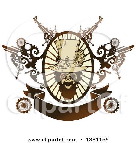 Clipart of a Bearded Steampunk Man in an Oval Ray Frame with Gears and a Banner - Royalty Free Vector Illustration by BNP Design Studio