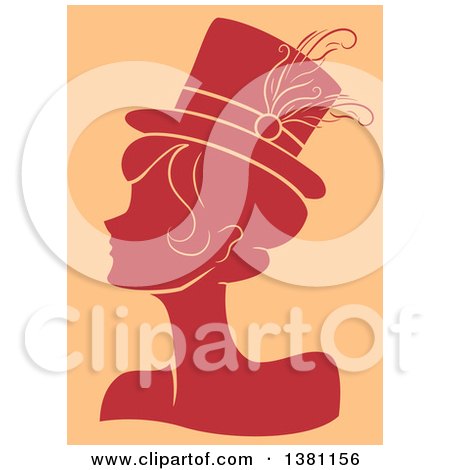 Clipart of a Red Silhouetted Burlesque Woman Wearing a Hat over Tan - Royalty Free Vector Illustration by BNP Design Studio