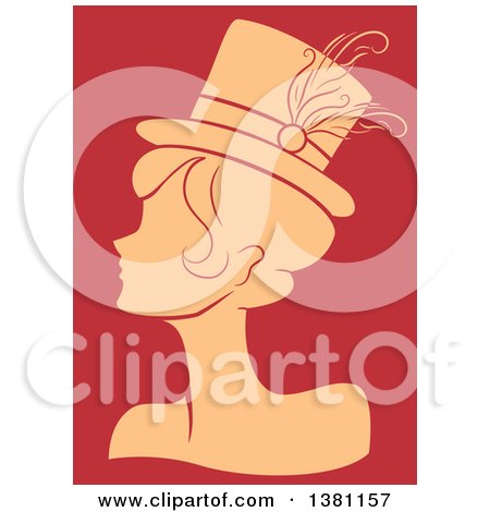 Clipart of a Tan Silhouetted Burlesque Woman Wearing a Hat over Red - Royalty Free Vector Illustration by BNP Design Studio