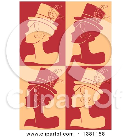 Clipart of Silhouetted Burlesque Women Wearing Hats over Tan and Red - Royalty Free Vector Illustration by BNP Design Studio