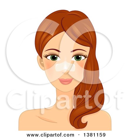 Clipart of a Brunette Caucasian Woman Wearing a Blackhead Removal Pore Strip - Royalty Free Vector Illustration by BNP Design Studio