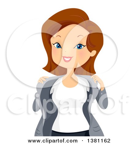 Clipart of a Brunette Caucasian Woman Taking off a Jacket to Cool down - Royalty Free Vector Illustration by BNP Design Studio