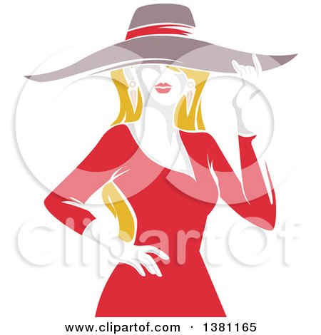 Clipart of a Stencil Styled Blond Fashionable Woman in a Red Dress, Tipping Her Big Hat - Royalty Free Vector Illustration by BNP Design Studio
