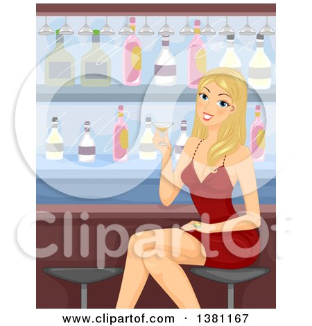Clipart of a Happy Blond Caucasian Woman Holding a Cocktail at a Bar - Royalty Free Vector Illustration by BNP Design Studio