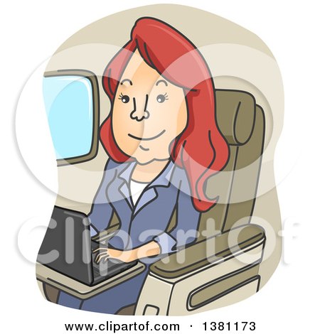 Clipart of a Cartoon Red Haired White Woman Using a Laptop on a Plane - Royalty Free Vector Illustration by BNP Design Studio