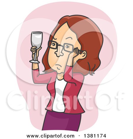 Clipart of a Cartoon Brunette Bespectacled White Woman Inspecting a Glass of Wine - Royalty Free Vector Illustration by BNP Design Studio