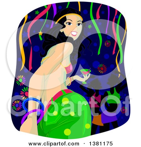 Clipart of a Low Angle Rear View of a Woman Holding a Cocktail and Looking Back at a Glow in the Dark Party - Royalty Free Vector Illustration by BNP Design Studio