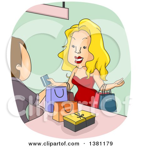 Clipart of a Male Cashier Ringing up a Rich Blond White Woman Paying with a Credit Card - Royalty Free Vector Illustration by BNP Design Studio