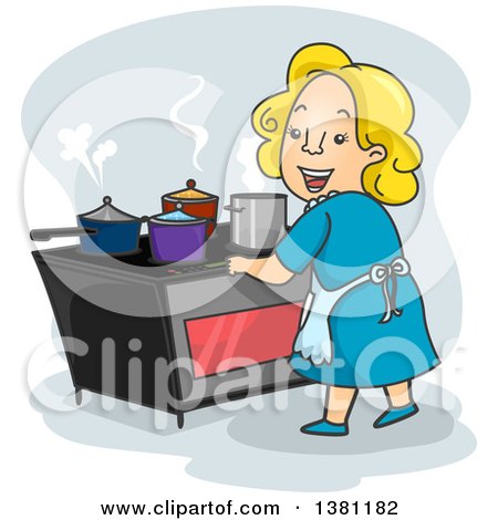 Clipart of a Cartoon Happy Blond White Woman Cooking on an Induction Cook Top - Royalty Free Vector Illustration by BNP Design Studio