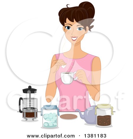 Clipart of a Happy Brunette White Woman Adding Sugar to Her Coffee - Royalty Free Vector Illustration by BNP Design Studio