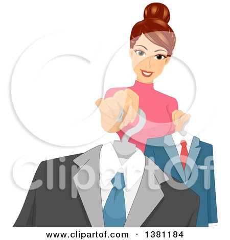 Clipart of a Brunette Caucasian Female Personal Shopper Holding out a Suit - Royalty Free Vector Illustration by BNP Design Studio