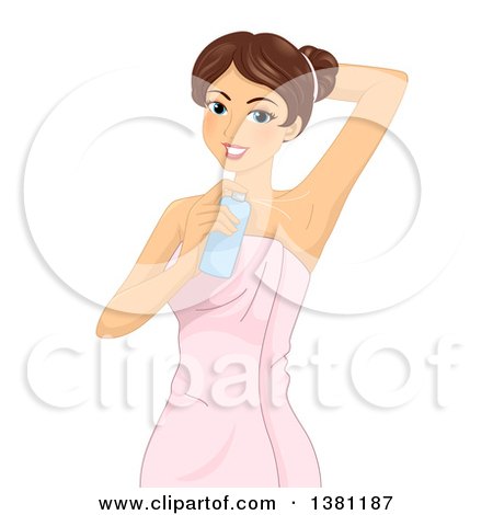 Clipart of a Brunette Caucasian Woman Spraying Deodorant Under Her Arms - Royalty Free Vector Illustration by BNP Design Studio