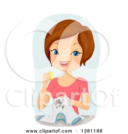 Clipart of a Brunette Caucasian Woman Removing a Shirt Stain with a Lemon - Royalty Free Vector Illustration by BNP Design Studio