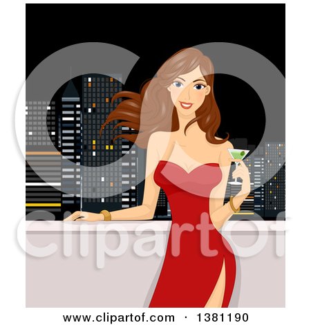 Clipart of a Brunette Caucasian Woman in a Red Dress, Holding a Cocktail on a City Roof Top Building - Royalty Free Vector Illustration by BNP Design Studio