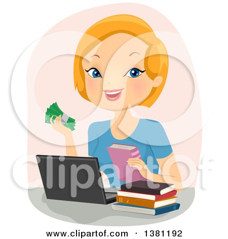 Clipart of a Happy Strawberry Blond Caucasian Woman Selling Books Online - Royalty Free Vector Illustration by BNP Design Studio