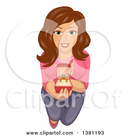 Clipart of a Brunette Caucasian Woman Kneeling, Looking up and Proposing - Royalty Free Vector Illustration by BNP Design Studio