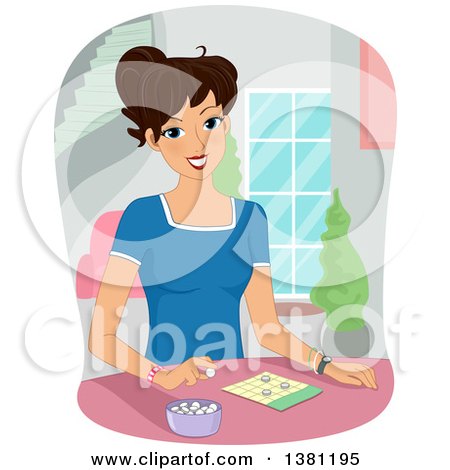 Clipart of a Happy Brunette White Woman Playing a Game of Bingo - Royalty Free Vector Illustration by BNP Design Studio