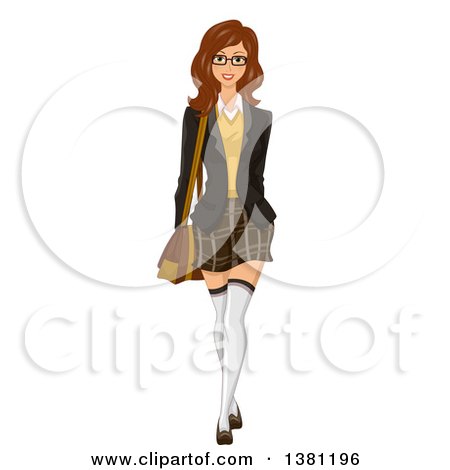 Clipart of a Happy Brunette Caucasian Woman Wearing Glasses and Dressed in Preppy Clothing - Royalty Free Vector Illustration by BNP Design Studio