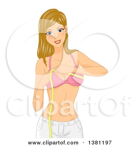 Clipart of a Happy Dirty Blond Caucasian Woman Measuring Her Bust - Royalty Free Vector Illustration by BNP Design Studio