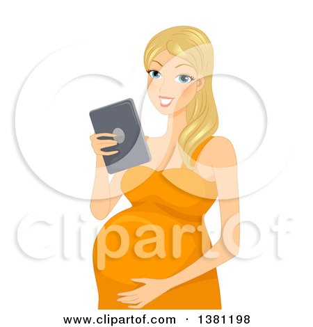 Clipart of a Happy Blond Caucasian Pregnant Woman Holding Her Belly and Reading on a Tablet - Royalty Free Vector Illustration by BNP Design Studio