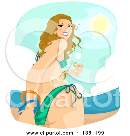 Clipart of a Low Angle Rear View of a Dirtly Bond White Woman in a Bikini, Holding a Cocktail and Looking Back on a Beach - Royalty Free Vector Illustration by BNP Design Studio