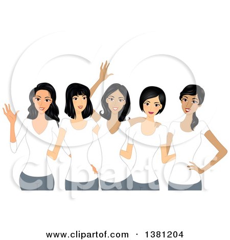 Clipart of a Group of Happy Women Wearing Matching White T Shirts - Royalty Free Vector Illustration by BNP Design Studio