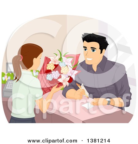 Clipart of a Man Purchasing Flowers and Writing a Personal Note - Royalty Free Vector Illustration by BNP Design Studio