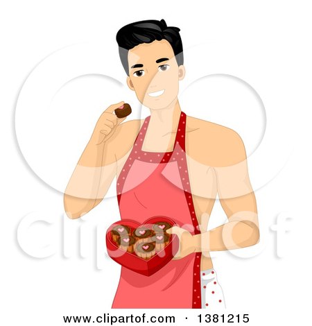 Clipart of a Half Naked Man Wearing an Apron and Eating Valentines Day Chocolates - Royalty Free Vector Illustration by BNP Design Studio