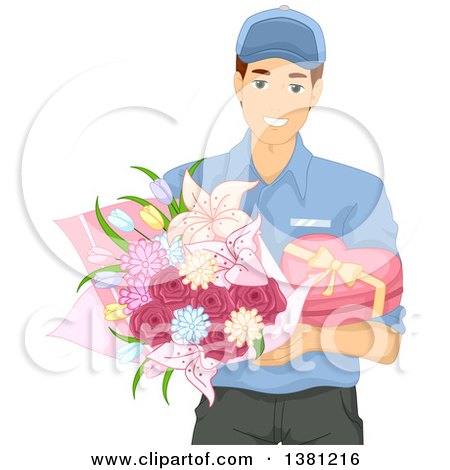 Clipart of a Caucasian Man Delivering Valentines Day Chocolates and Flowers - Royalty Free Vector Illustration by BNP Design Studio
