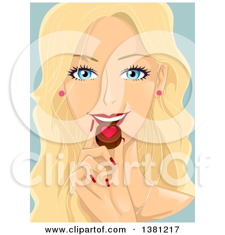 Clipart of a Blond Haired, Blue Eyed Caucasian Woman Eating a Piece of Valentine Chocolate - Royalty Free Vector Illustration by BNP Design Studio