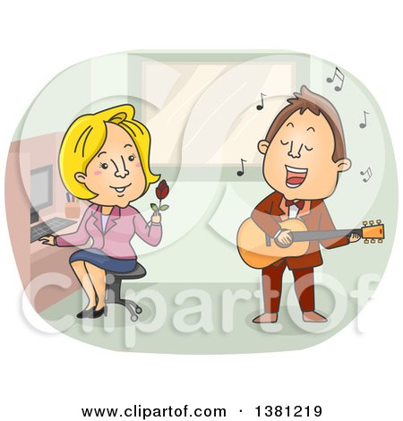 Clipart of a Cartoon Singing Telegram Man and Blond White Woman in an Office - Royalty Free Vector Illustration by BNP Design Studio