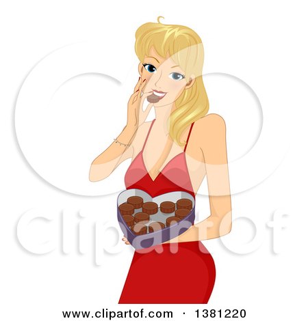 Clipart of a Blond Haired Caucasian Woman in a Red Dress, Eating Valentines Day Chocolates - Royalty Free Vector Illustration by BNP Design Studio