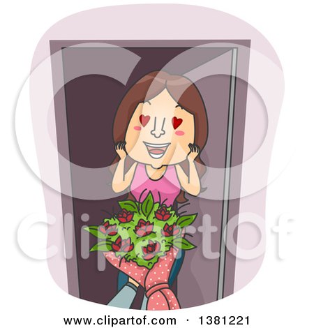 Clipart of a Brunette White Woman in Love, Receiving Flowers - Royalty Free Vector Illustration by BNP Design Studio