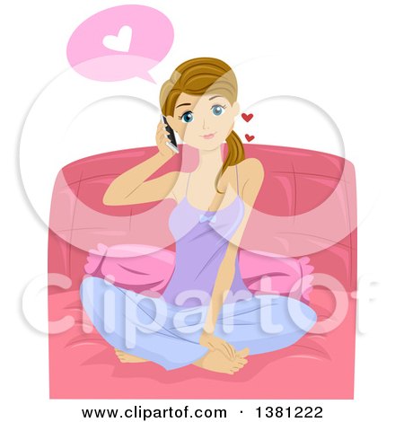 Clipart of a Caucasian Teenage Girl Sitting on Her Bed and Talking to Her Boyfriend on Her Phone - Royalty Free Vector Illustration by BNP Design Studio