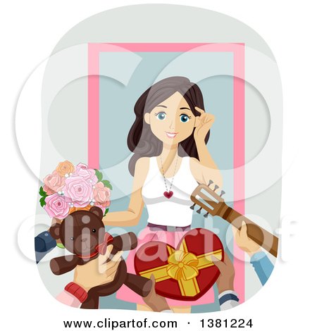 Clipart of a Brunette Caucasian Teenage Girl Receiving Valentines Gifts from Many Suitors - Royalty Free Vector Illustration by BNP Design Studio