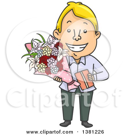 Clipart of a Cartoon Romantic Blond Caucasian Man Giving a Gift and Flowers on Valentines Day - Royalty Free Vector Illustration by BNP Design Studio