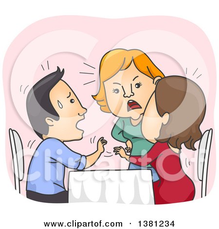 Clipart of a Cartoon Woman Confronting Her Cheating Boyfriend and Another Lady at a Restaurant - Royalty Free Vector Illustration by BNP Design Studio
