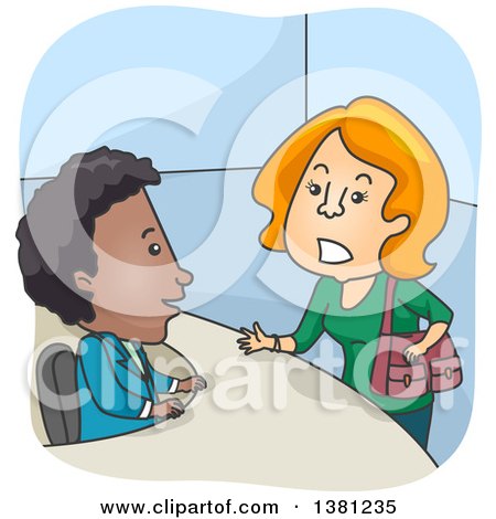 Clipart of a Cartoon Red Haired White Female Customer Complaining to a Black Man at a Help Desk - Royalty Free Vector Illustration by BNP Design Studio