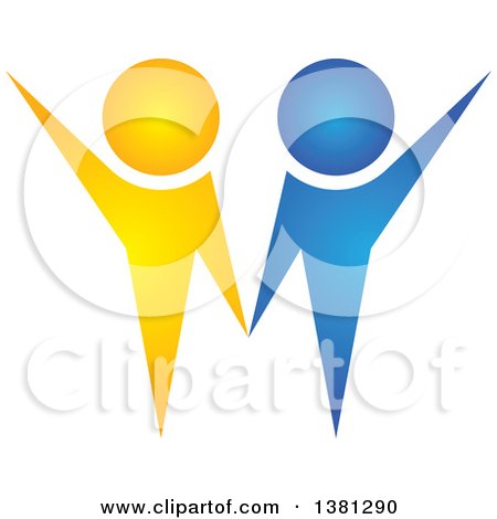 Clipart of a Yellow and Blue Couple Holding Hands and Waving - Royalty Free Vector Illustration by ColorMagic