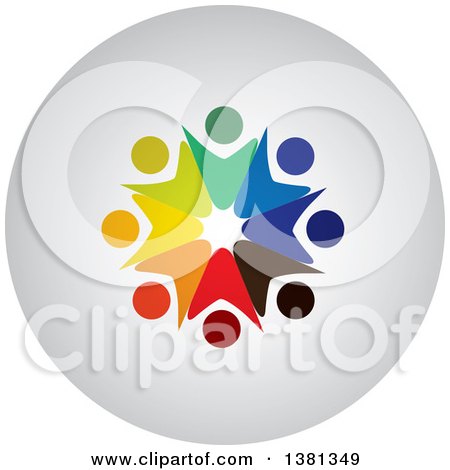 Clipart of a Teamwork Unity Circle of Colorful Diverse People on a Round Icon - Royalty Free Vector Illustration by ColorMagic