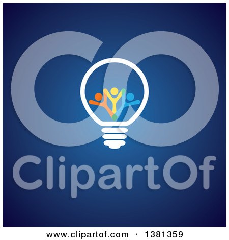 Clipart of a Teamwork Unity Group of Colorful People in a Light Bulb on Blue - Royalty Free Vector Illustration by ColorMagic