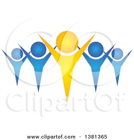 Clipart of a Teamwork Unity Group of Blue People and a Yellow Leader - Royalty Free Vector Illustration by ColorMagic
